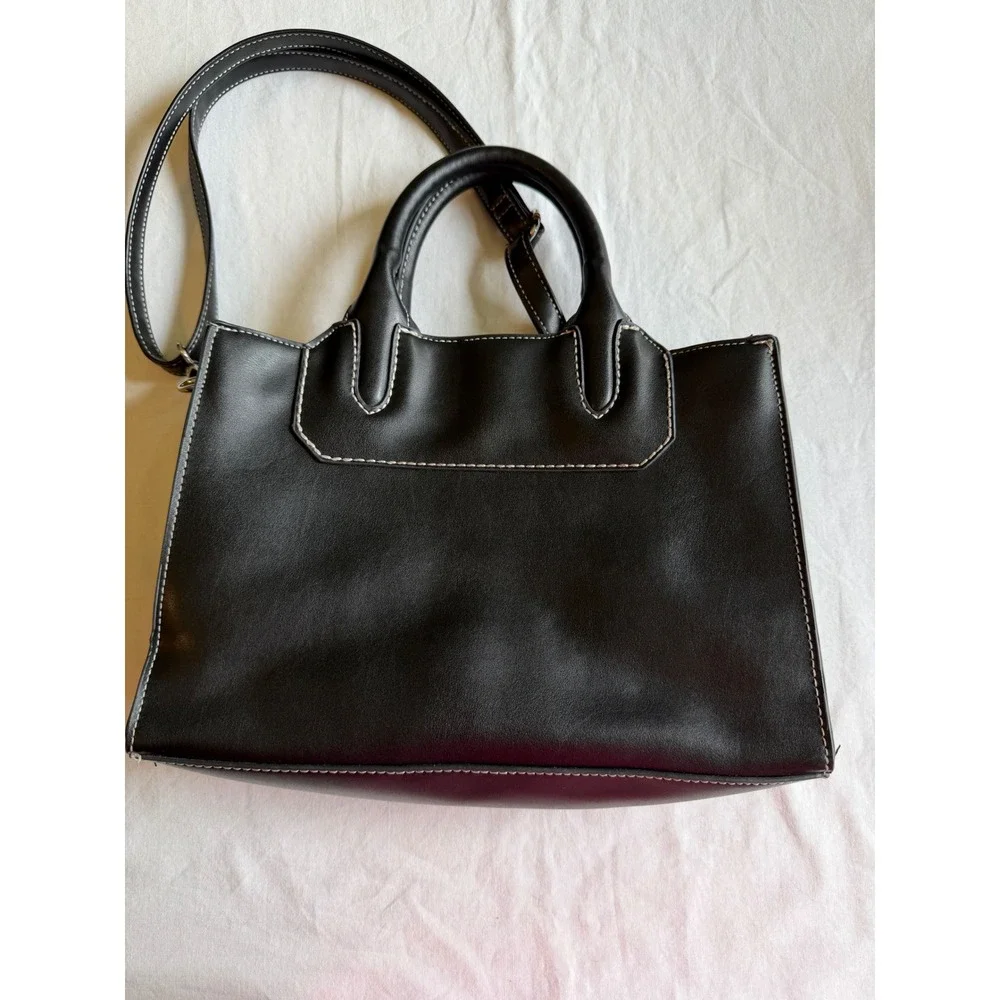 London Fog Black Faux Leather Satchel Crossbody Bag White Contrast Stitching